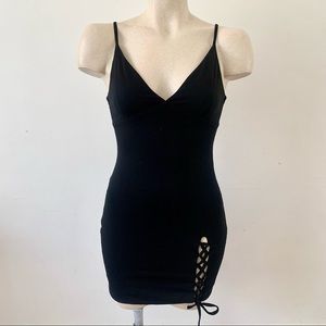 Black Alot V-Neck Bodycon Mini Dress Side Lace Up LBD sz 8 S